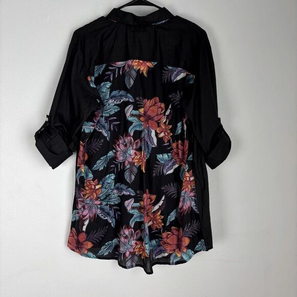 NWT KikiSol Womens M Black Floral Cotton Shirt Button Down Boho Resort Vacation - Picture 2 of 15
